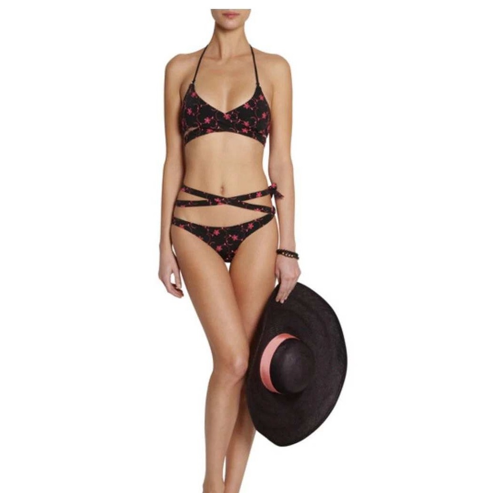 Shimmi Wrap Swimsuit Bikini Women Small Black NWT Floral Strappy Two Piece Set